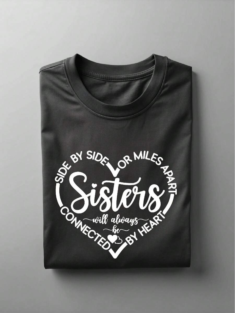 Sisters T-Shirt, Side By Side Or Miles Apart, Connected By Heart Sister Shirt, Matching Sisters Trip Tee, Girls Vacation Tee. UA-182 - 黑色 - 查看 1