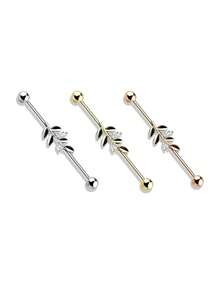 1pc Zirconia Leaf Piercing Stud Earring, 316 Stainless Steel Fashion Niche Industrial Barbell Long Ear Bridge Cartilage Earring, Body Piercing Jewelry, Gift For Date, Party & Daily Wear