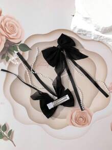2pcs/Set Pearl Tassel Ribbon Bow Hair Clips, Ethereal & Cute Style Hair Accessories, Essential For Lovely Girls - Black - View 3
