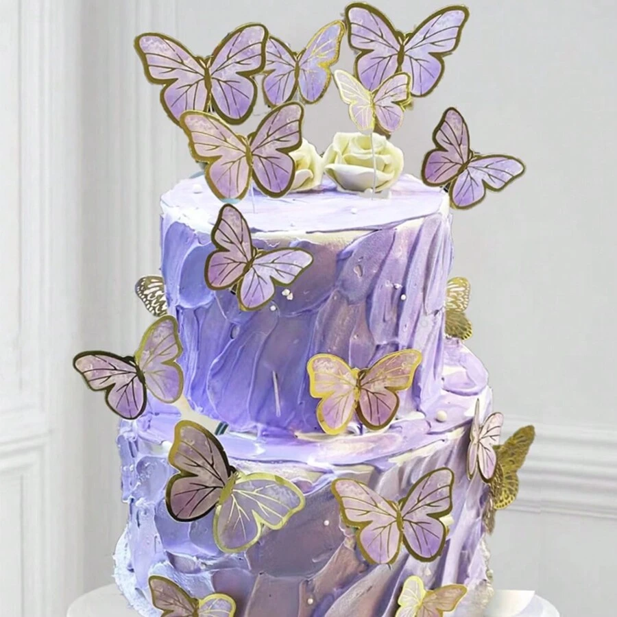 55pcs Butterfly Cake Toppers, Minimalist Paper Cake Decorative Picks, Birthday Party Decor - Purple - View 1
