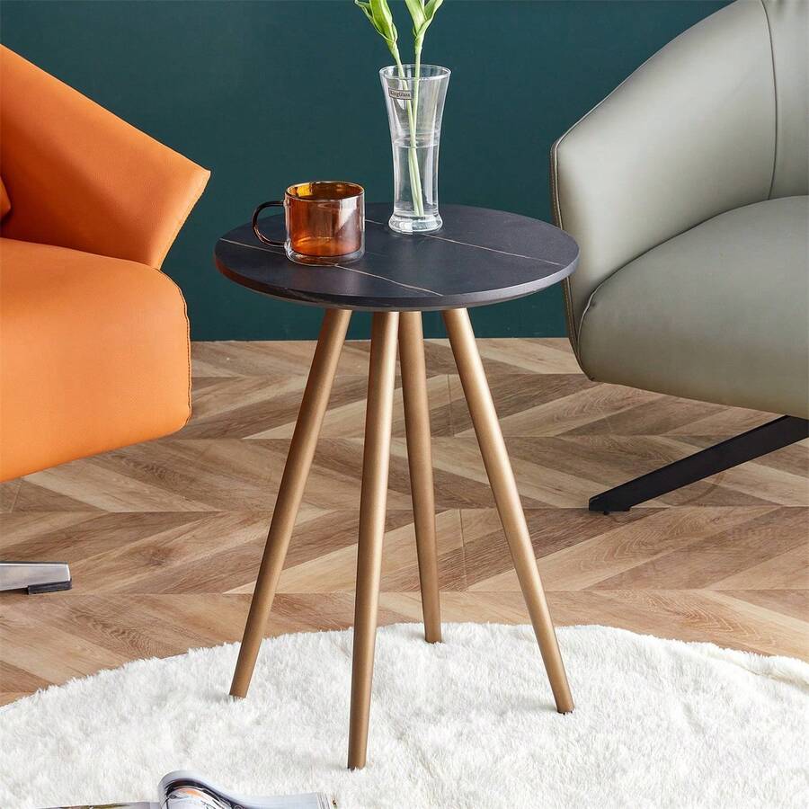 1 Modern Minimalist Black Artificial Marble Side Table And Side Table, Small Decorative Coffee Table With Black Metal Legs, Suitable For Circular Bedside Tables In Living Rooms, Bedrooms, And Small Spaces In Apartments.