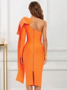 New Sexy Women One Shoulder Long Sleeve Bandage Dress With Oversized Bow Design For Party - Orange - View 6