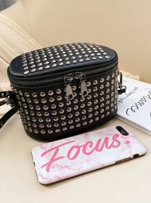 Mini Solid Color Rivet Studded Punk Style Trapezium Shoulder Bag , Punk - Black - View 2