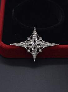 1 pièce Broche étoile dorée étincelante élégante, accessoire de bijoux haut de gamme avec quatre pointes angulaires incrusté de strass, petits diamants multi-couches les entourant, accessoire mode pour soirée