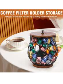 Stylish Large Capacity Metal Coffee Pod Holder With Wooden Lid - Versatile Multi-Use Coffee Capsule Storage Organizer For K-Cups, Fruits, Bread - Perfect Kitchen Decor For Christmas, And New Year Parties - Multicolor - View 2