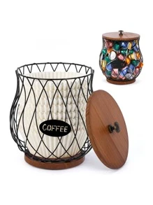 Stylish Large Capacity Metal Coffee Pod Holder With Wooden Lid - Versatile Multi-Use Coffee Capsule Storage Organizer For K-Cups, Fruits, Bread - Perfect Kitchen Decor For Christmas, And New Year Parties - Multicolor - View 7