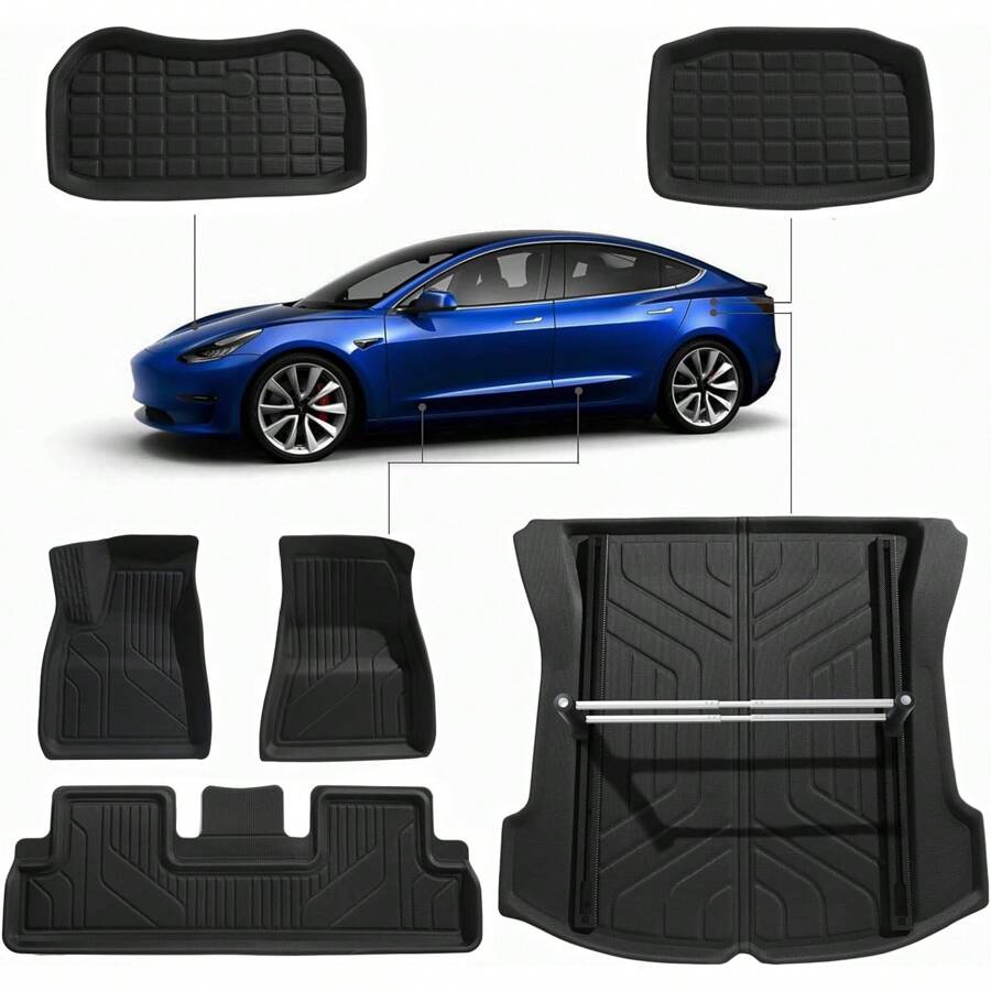 2024 Model 3 Floor Mat With Door Sill Protector 6PCS Full Cover For Tesla, Trunk Mats, And Luggage Racks. The Tesla Floor Mat Set Is Suitable For (Model 3)3D Cutting, Dirt Resistant, Wear-Resistant - 6 件裝 - 查看 1