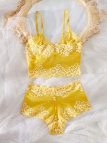 Women's Lace Bow Decorated Sexy Lingerie Set, Rave - Yellow - View 3
