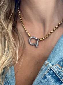 18K Gold Plated Stainless Steel Box Chain Necklace With Dual-Tone Chunky Clasp Pendant, Waterproof Jewelry For Women - Multicolor - View 10