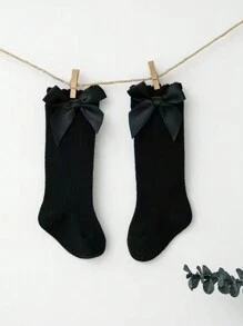 1双新款蝴蝶结设计女婴高筒袜 - 黑色 - 查看 2