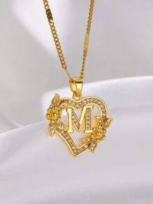 1 Pc Fashion Zirconia Flower Initial Heart Pendant Necklaces For Women Gold Color Stainless Steel Letter Chain Wedding Jewelry Gifts Valentines,Mom,Mother,Mother's Day,Gift