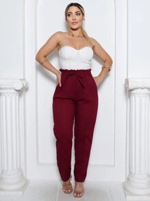 BONIE Women's Jogger Pants Linen Plain Formal Drawstring High Waist Pocket Jogger Office Trousers - Màu Đỏ Sâu - Xem 1