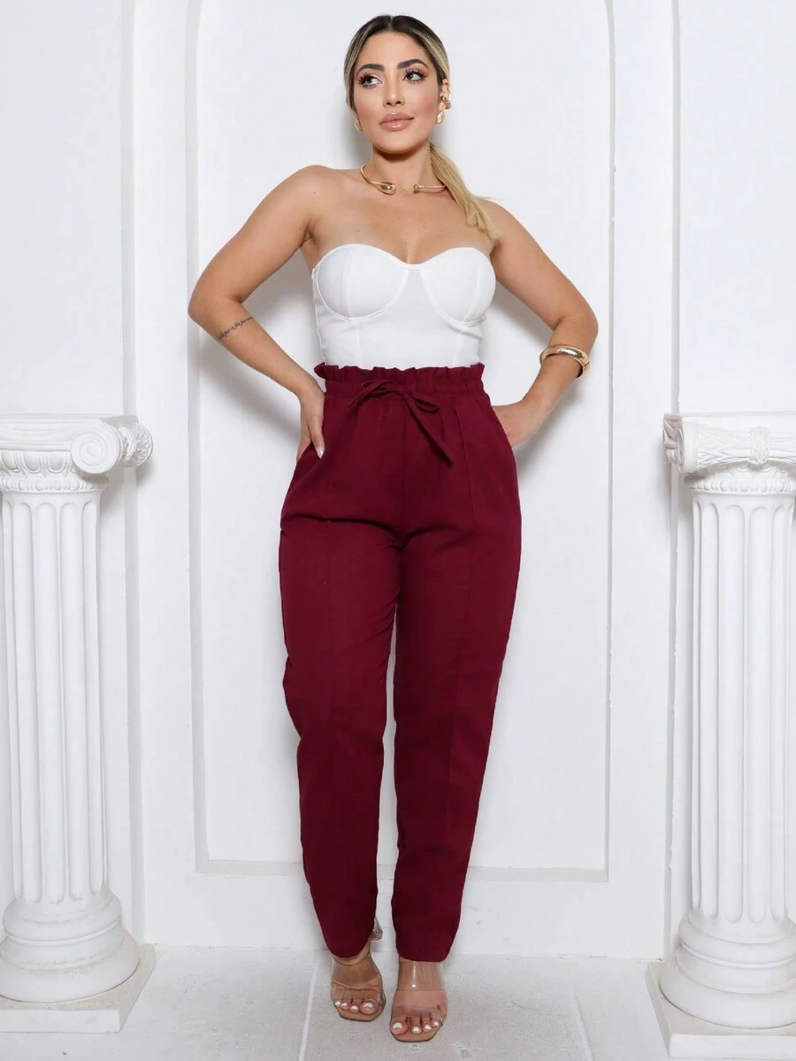 BONIE Women's Jogger Pants Linen Plain Formal Drawstring High Waist Pocket Jogger Office Trousers - Màu Đỏ Sâu - Xem 1