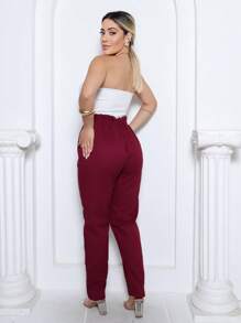 BONIE Women's Jogger Pants Linen Plain Formal Drawstring High Waist Pocket Jogger Office Trousers - Màu Đỏ Sâu - Xem 3