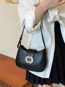 迷你纯色 PU 水钻装饰单肩包，适合女士旅行、女孩、学生、聚会、购物、送礼、日常使用，时尚商务休闲女士包，非常适合办公室、商务和工作