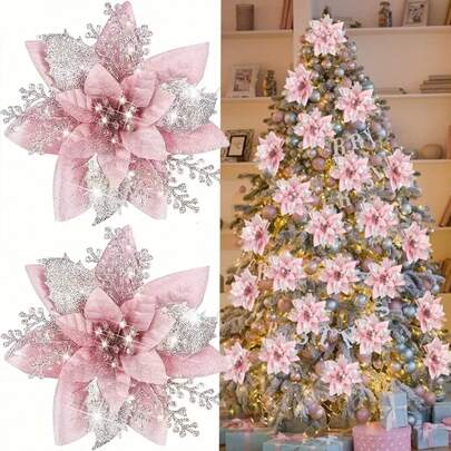 10/20pcs Christmas Tree Decorations, Faux Pink & Silver Flowers, Suitable For Christmas Tree Decor, Christmas Party Decor, Holiday Home Decor