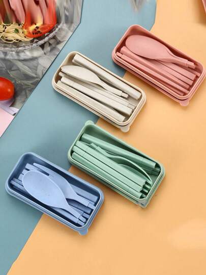 4pcs Portable Cutlery Set, Includes Plastic Knife, Fork, Spoon With Storage Box, Thick Plastic Tableware, Camping Utensils, Reusable Cutlery Set For Picnic And Daily Use (Large Size), Plastic Cutlery Set With Storage Box, Spoon, Knife, Fork, Portable Camping Utensils Suitable For Outdoor, Picnic, Travel (Large), School Supplies, Back To School Essential, Christmas Gift