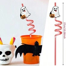 Halloween Decoration 2pcs Halloween Party Straws, Reusable Cartoon Ghost Design Plastic Straws, Party Decorations - Halloween Straws - View 4
