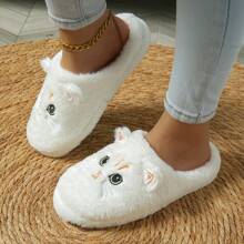 可爱卡通大眼猫毛绒耳朵柔软防滑舒适家居拖鞋 - 白色 - 查看 3