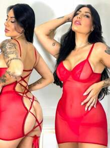 Braided Tulle  Nightdress At The Back Underwire Bra Nightdress With Thong Panties - 紅色 - 查看 3