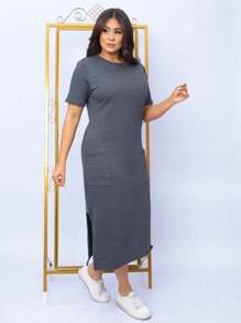 Midi Sweatshirt Dress With Front Pockets - Stylish And Modern | Fashion 2024 - Dark Grey - View 1
