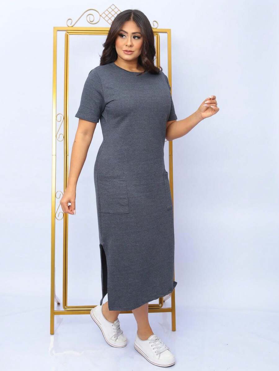 Midi Sweatshirt Dress With Front Pockets - Stylish And Modern | Fashion 2024 - Dark Grey - View 1