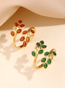 1pc Stainless Steel Fashionable Simple Creative Women's Red And Green Oil Drop Leaf Shape Open Ring, Suitable For Women's Daily Wear Or Gift Giving - Yellow Gold - View 7