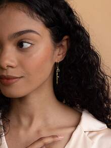 1 Pair Dainty Customized Vertical Name Earring Personalized Text Stainless Steel Earrings For Women Wedding Charm Golden Jewelry Vacation Daily Wear Accessories Gifts For Her