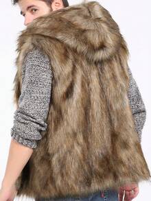 Chaleco sin mangas con capucha esponjoso para hombres, casual de corte slim y cálido para el invierno - Amarillo - Ver 2