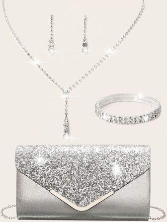 LETODE BAG 4 Pieces Women Rhinestone Evening Clutch Bag Rhinestone Ear Clip Bridal Wedding Choker Bracelet Dangle Bling Glitter Purse, Best Choice Elegant Bag For Bridal Shower