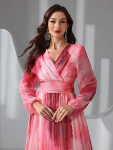 女式 V 领印花休闲伞形下摆连衣裙 - 粉色 - 查看 6