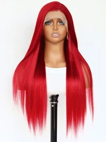 SALLYWELL Lace Front Wigs Straight Hair Glueless Lace Wigs Synthetic Long Silk Straight Natural Wig Heat Resistant Fiber Dark Root Ombre Red Colorful Wig 24 Inches - 紅色 - 查看 5