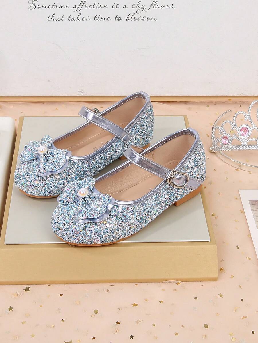 女童时尚闪光蝴蝶结平底派对婚礼舞鞋