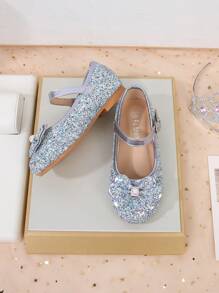 女童时尚闪光蝴蝶结平底派对婚礼舞鞋 - 藍色 - 查看 3