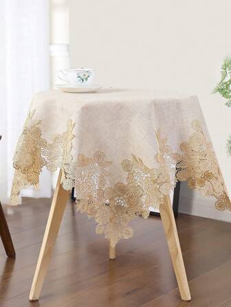 1pc Linen Square Tablecloth With Embroidered Floral Design, Home Decor