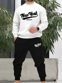 1 Set lässiges bedrucktes Herren-Sweatshirt und Jogginghose, normale Passform - Schwarz - Übersicht 1