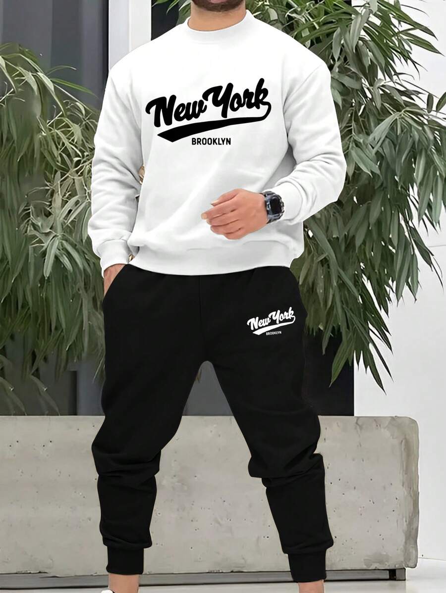 1 Set lässiges bedrucktes Herren-Sweatshirt und Jogginghose, normale Passform - Schwarz - Übersicht 1