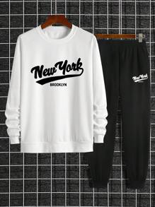 1 Set lässiges bedrucktes Herren-Sweatshirt und Jogginghose, normale Passform - Schwarz - Übersicht 3