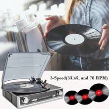 Vinyl Record Player, Vinyl Records With Built-In Speaker, 3 Speed, Belt Drive Vintage Phonograph, FM Radio, 3.5mm Music Out Jack, Line Out, Headphone Jack