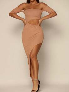Women's Asymmetrical Dress With Side Slit - 杏色 - 查看 3