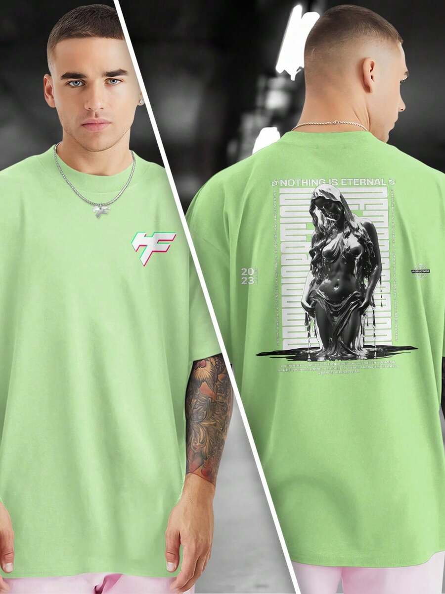 NOTHING IS ETERNAL 100% Cotton Printed T-Shirt Front And Back GPJ1 - 薄荷綠 - 查看 1