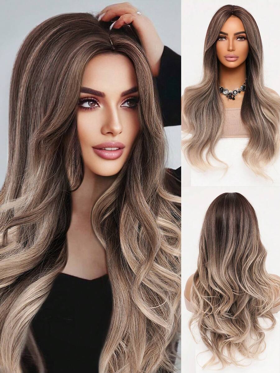 迷人性感渐变棕色假发多色中分长卷发波浪假发亚麻金色天然头发合成耐热纤维假发女士日常派对狂欢使用 26 英寸 - 漸變金色 - 查看 1