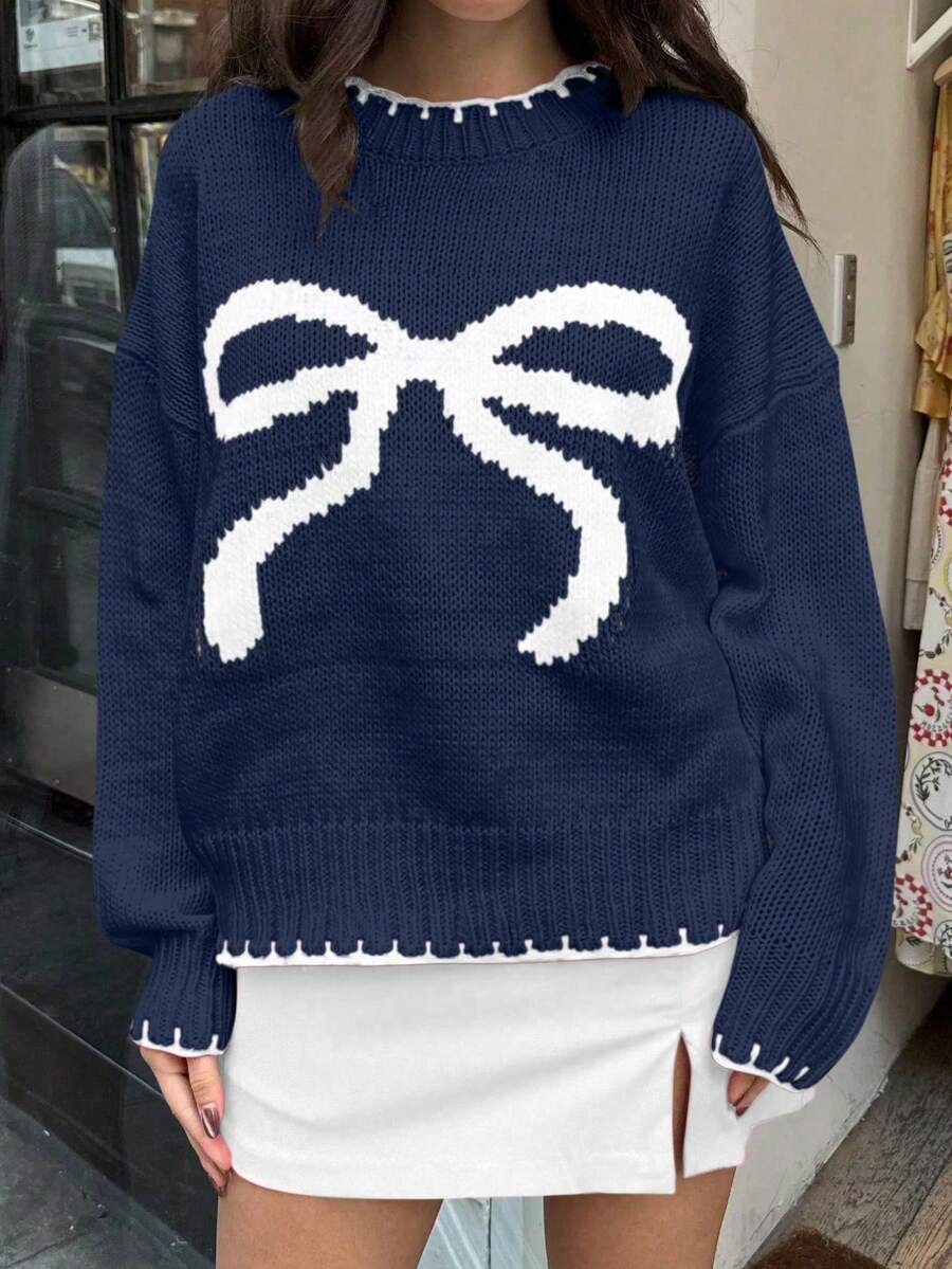 女士蝴蝶结套头针织毛衣、长袖上衣