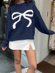 女士蝴蝶结套头针织毛衣、长袖上衣