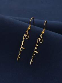 1 Pair Dainty Customized Vertical Name Earring Personalized Text Stainless Steel Earrings For Women Wedding Charm Golden Jewelry Vacation Daily Wear Accessories Gifts For Her