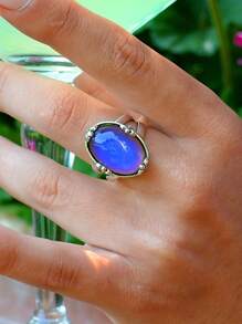 1 件复古情绪戒指，带热敏变色石和雕刻边缘设计，适合男士和女士，送给家人/朋友/爱人的礼物 - 銀色 - 查看 4