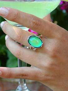 1 件复古情绪戒指，带热敏变色石和雕刻边缘设计，适合男士和女士，送给家人/朋友/爱人的礼物 - 銀色 - 查看 5