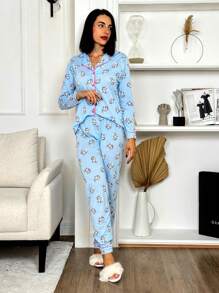 Women's American Cold Weather Pajamas Blogger Set Long Sleeve Shirt And Pants Premium Buttons Winter Front Opening - 淺藍色 - 查看 1