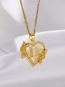 1 Pc Fashion Zirconia Flower Initial Heart Pendant Necklaces For Women Gold Color Stainless Steel Letter Chain Wedding Jewelry Gifts Valentines,Mom,Mother,Mother's Day,Gift