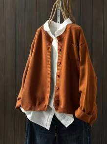Plus Size Solid Color Front Button Pocket Casual Crew Neck Long Sleeve Cardigan